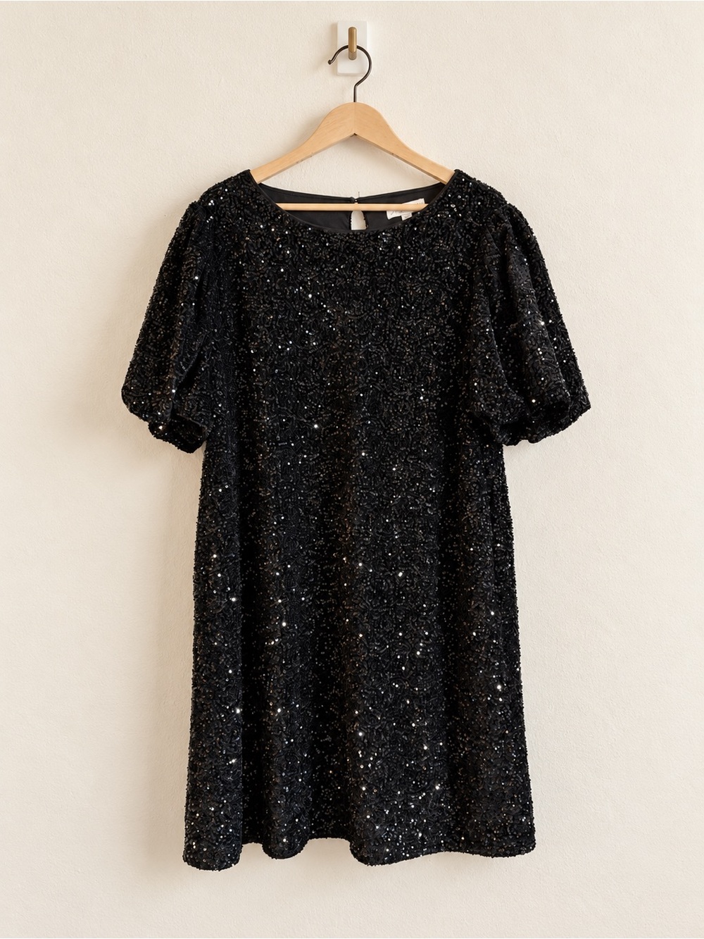 SHE + SKY Black Sequin Puff Sleeve Shift Mini Dress 2XL Holiday Party